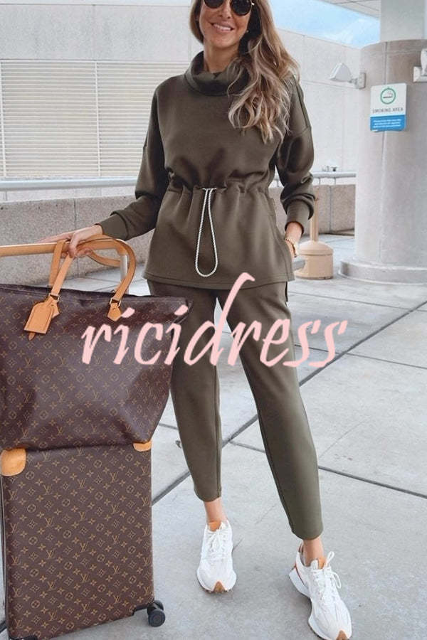 Airport Chic High Neck Drawstring Waist Sweatshirt and Elastic Waist Pocketed Jogger Set