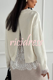 Caitlin Knit Lace Trim Patchwork Long Sleeve Back Slit Relaxed Sweater