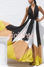 Fashion Colorblock Sexy Backless Tie Waist Full Hem Maxi Dress