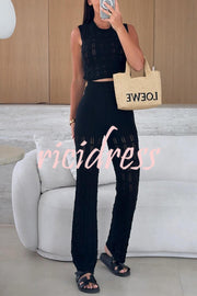 Solid Color Hollow Sleeveless Round Neck Knitted Vest and Stretch Casual Straight Pants Set