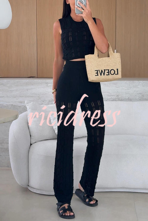 Solid Color Hollow Sleeveless Round Neck Knitted Vest and Stretch Casual Straight Pants Set