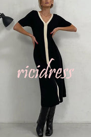 Fashionable V-neck Slim Fit Waist Knitted Midi Dress