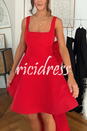 Red Drama Taffeta Square Neck Back Oversized Bow Pocket Mini Dress