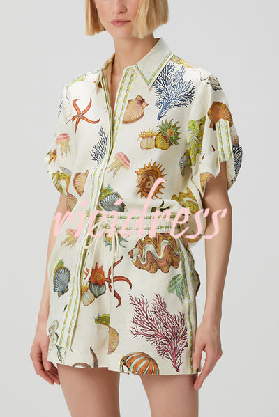 Beach Shell Print Short Sleeve Loose Shirt and Elastic Waist Tie Casual Pocket Shorts Set