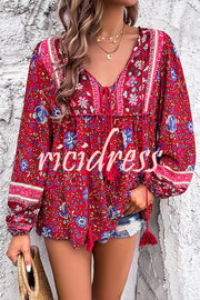 Intricate Floral Print V Neck Lace Up Paneled Long Sleeve Shirt