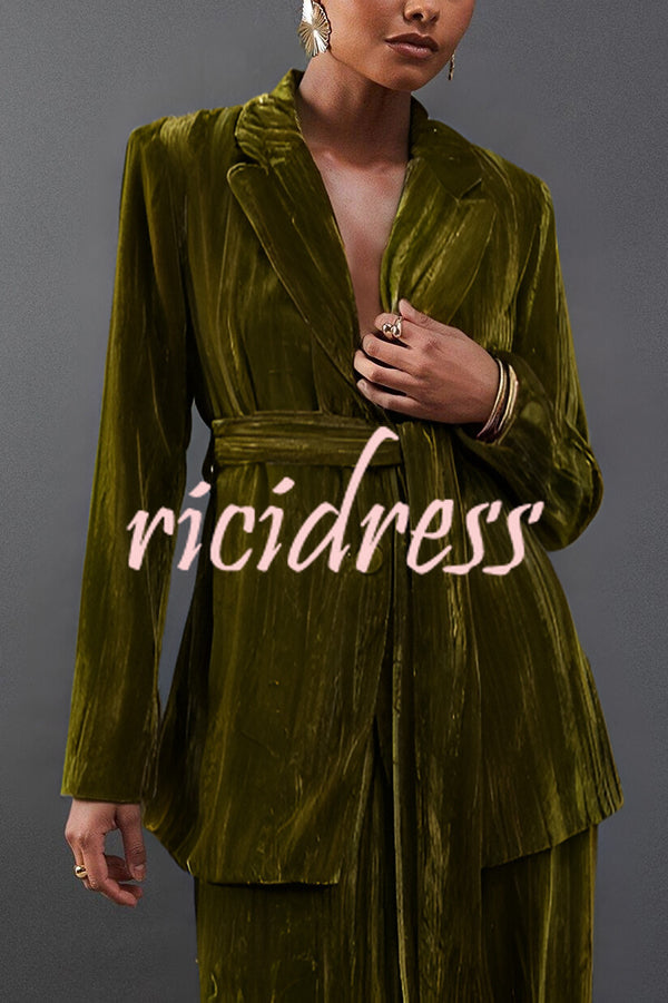 Solid Color Velvet Long-sleeved Waist Tie Top and Elastic Waist Casual Pocket Straight-leg Pants Set