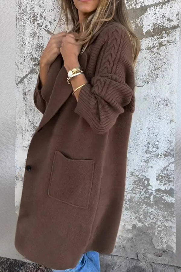 Solid Color Knitted Cable Knit Long Sleeve Loose Pocket Long Coat