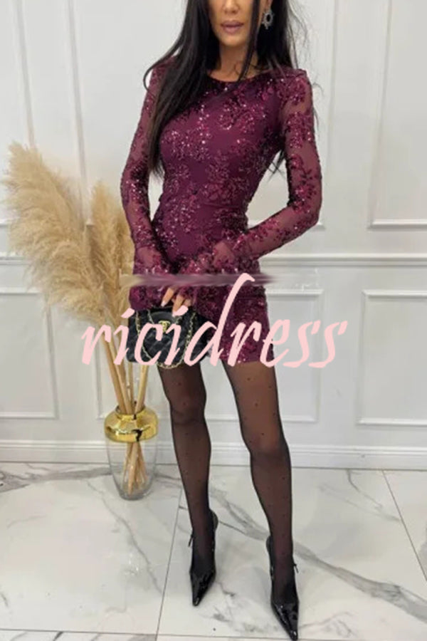 Deep and Dazzling Floral Texture Sequin Long Bell Sleeve Open Back Mini Dress