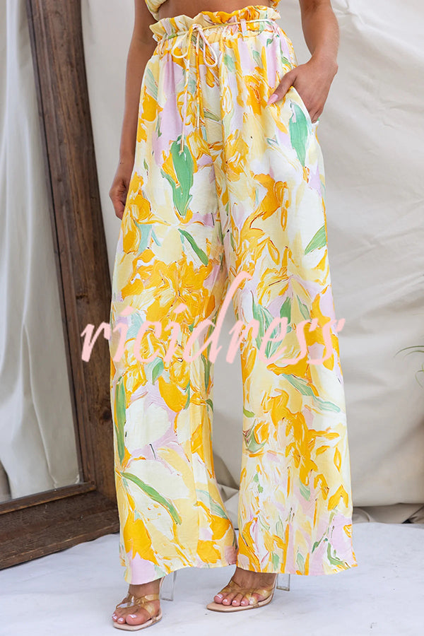 Soleila Floral Print One Shoulder Tie-up Crop Top and Elastic Waist Pocket Loose Pants Set