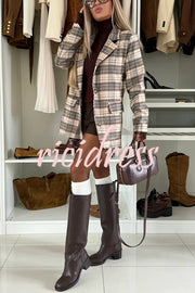 Classic Modern Plaid One Button Long Sleeve Flap Pocket Lapel Blazer