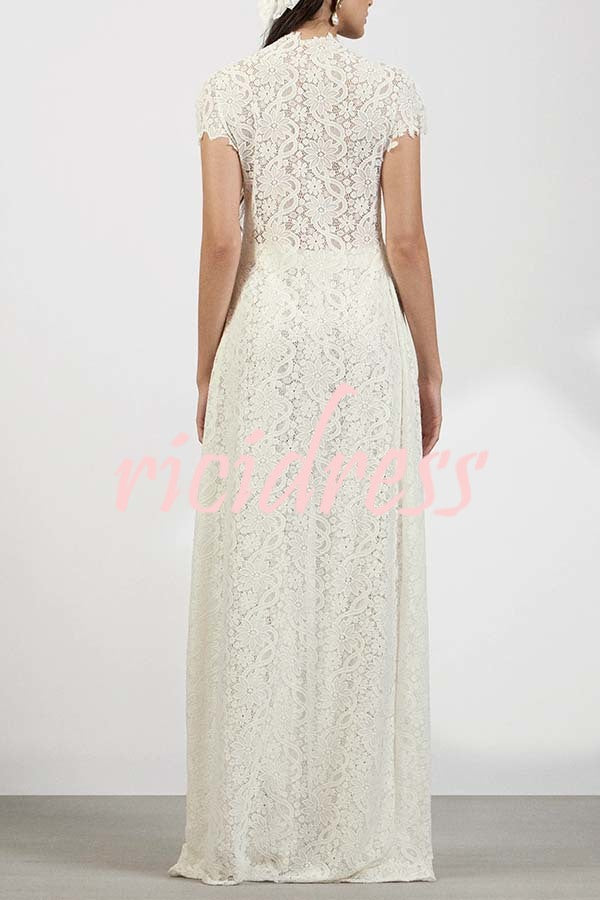 Elegant Personality Floral Lace Short Sleeve Front Slit Maxi Top