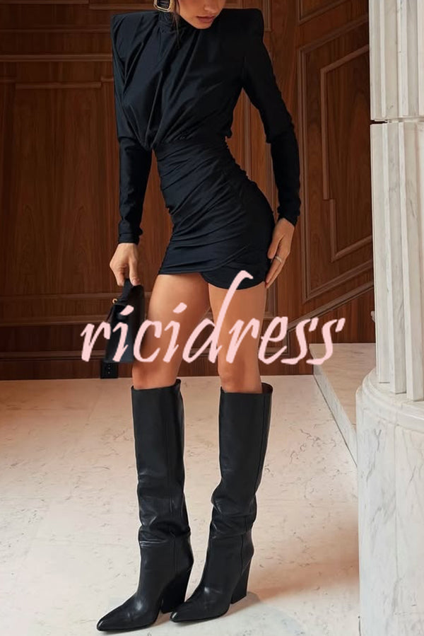 Stylish High-Neck Long-Sleeved Slim-Fit Pleated Mini Dress