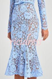 Feminine and Elegant Flower Lace Long Sleeve Bow Belted Flare Midi Dress