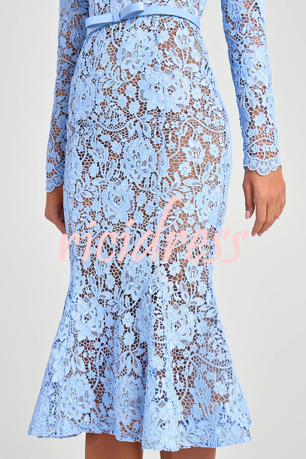 Feminine and Elegant Flower Lace Long Sleeve Bow Belted Flare Midi Dress