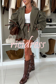 Fashion Style Button Long Balloon Sleeve Pocket Lapel Casual Bomber Jacket