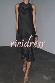 Dolly Satin Lace Trim Halter Cowl Neck Asymmetric Hem Tank