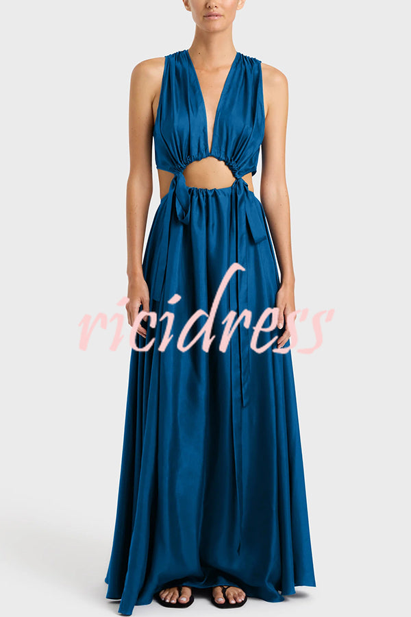 Midnight Charm Satin Ruched Cutout Tie-up Maxi Dress