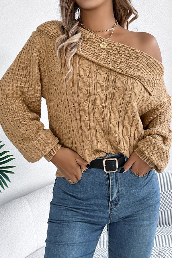 Solid Color Casual One Shoulder Long Sleeve Knitted Sweater