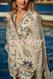 Live By Water Satin Unique Print Tassle Shirt and Elastic Waist Shorts Set