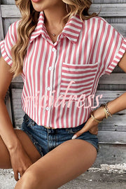 Striped Print Short Sleeve Pocket Shirt Top