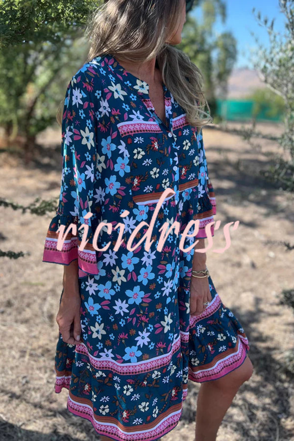 Ethnic Floral Print V-neck Loose Pocket Mini Dress