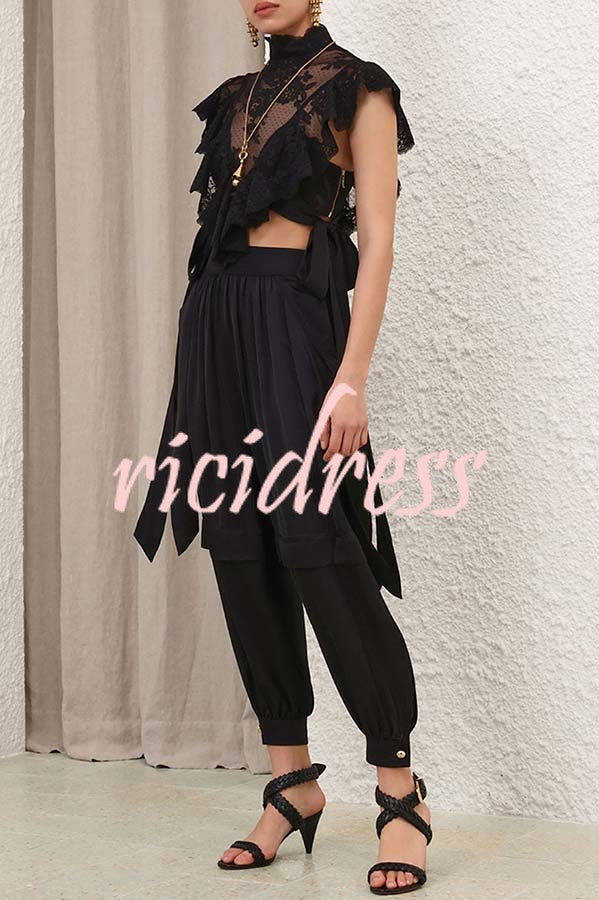 Esella Satin Gathered Waist Pocket Button Ankle Cuffs Harem Pant