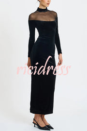 Fashionable Velvet and Mesh Spliced long-sleeved Slim-fit Maxi Dress
