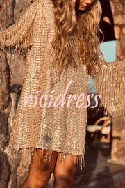 Flowing Shimmer Sequin Tassel Fabric Bell Sleeve Back Tie-up Loose Mini Dress