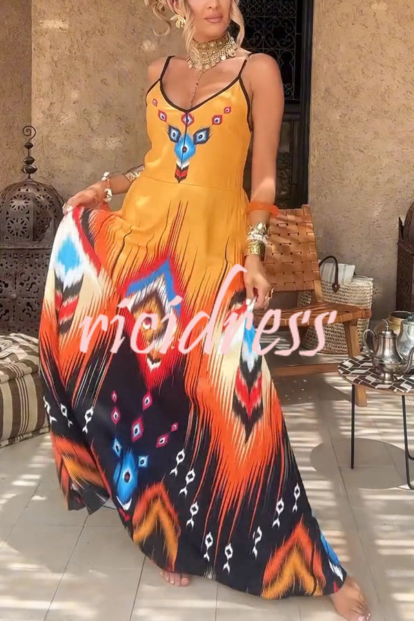 Unique Printed Suspender V-neck Loose Maxi Dress