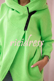 Solid Color Loose Hooded Zip-up Casual Sports Jacket