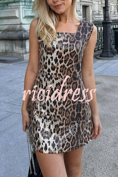 Cocktail Hour Sequin Leopard Print Round Neck Tank Stretch Mini Dress