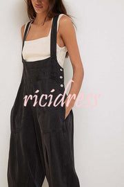 Fashionable Casual Side Pocket Button Loose Denim Overalls