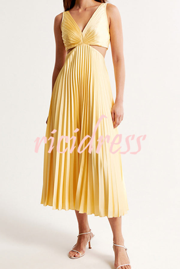 Summer Social Stain Pleated Cutout Waist Loose Midi Dress