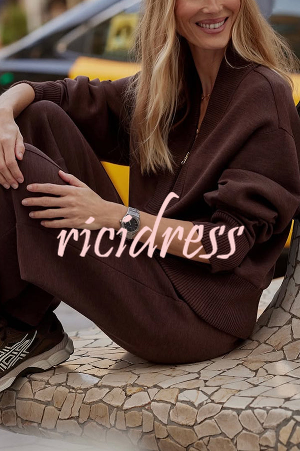 Meet The Autumn Ribbed Zipper Neck Sweatshirt and Elastic Waist Pocketed Loose Pants Set