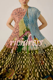 Relaxed and Playful Unique Print Smocked Short Sleeve Flare Maxi Dress