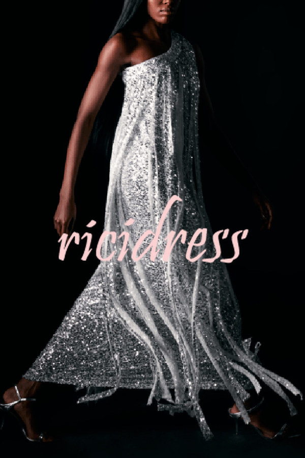 Holiday Muse Sequined Slit Tassels One Shoulder H-line Maxi Dress