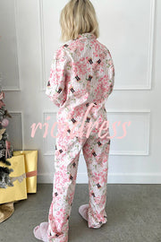 Christmas Print Casual Long Sleeve Pocket Top and Elastic Waist Loose Pants Set