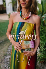 Artistic Rainbow Satin Watercolor Print Off Shoulder Pocketed H-line Maxi Dress
