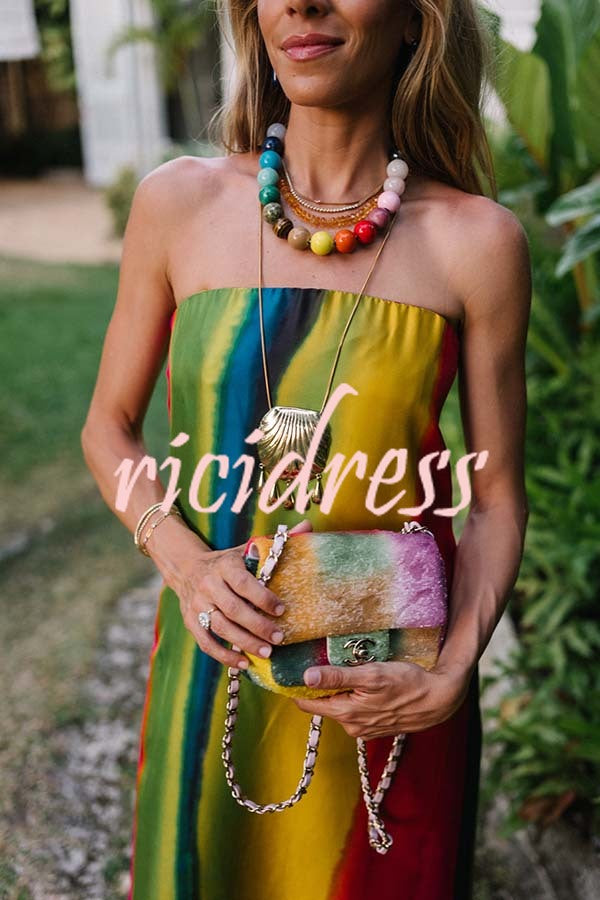 Artistic Rainbow Satin Watercolor Print Off Shoulder Pocketed H-line Maxi Dress