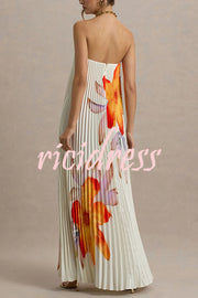 For Every Occasion Satin Pleated Floral Print V-wire Bandeau Neck Maxi Dress