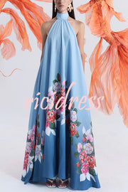 Blooming Flowers Satin Printed A-line Halter Tie-up Maxi Dress