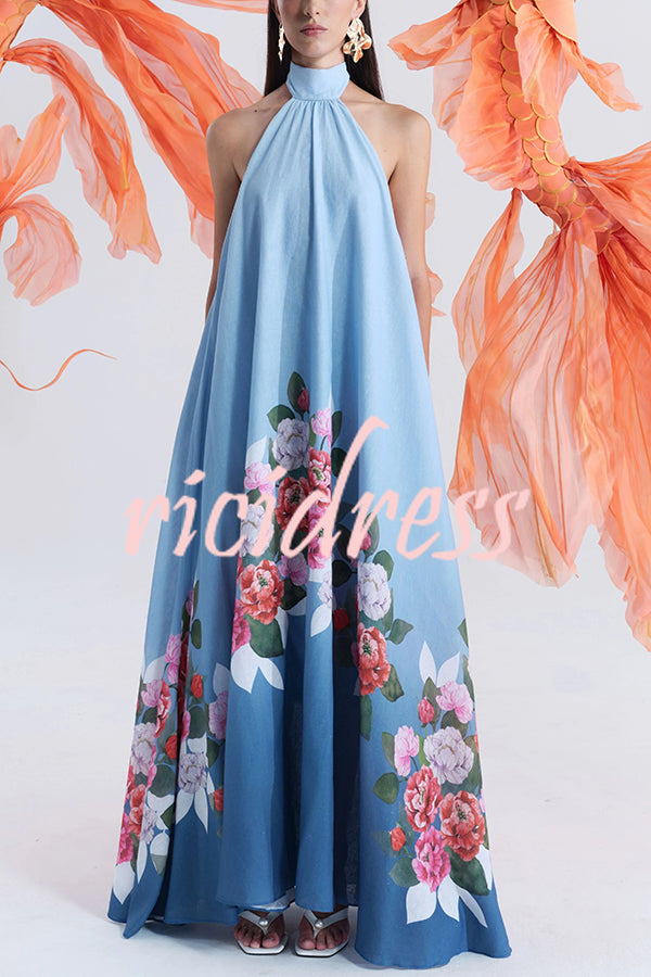 Blooming Flowers Satin Printed A-line Halter Tie-up Maxi Dress