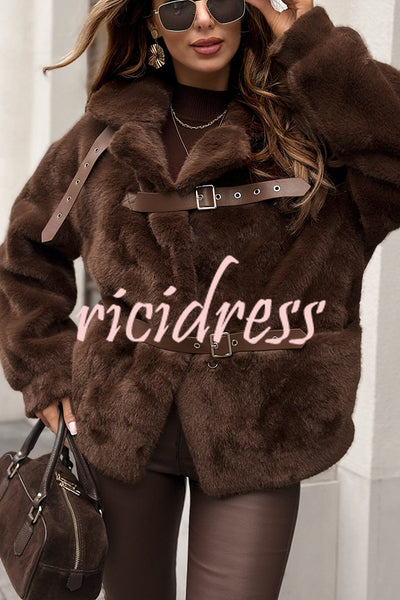 Chill Whispers Belt Buckle Design Long Sleeve Pocket Lapel Plush Coat