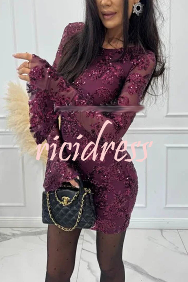 Deep and Dazzling Floral Texture Sequin Long Bell Sleeve Open Back Mini Dress