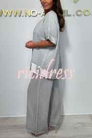 Fashionable V-neck Short-sleeved Loose Top and Elastic Waist Casual Wide-leg Pants Set