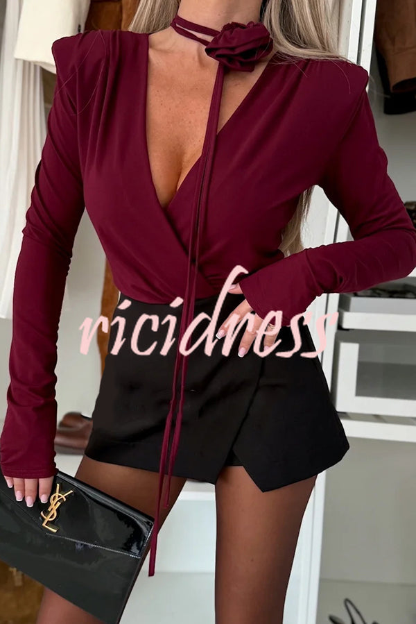 Toast To Midnight Solid Color V-neck Long Sleeve Slim-fit Bodysuit