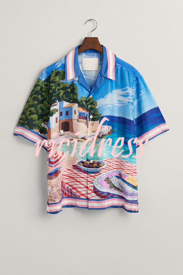 Italian Coast Unique Print Loose Button Shirt and Elastic Waist Pocket Shorts Set