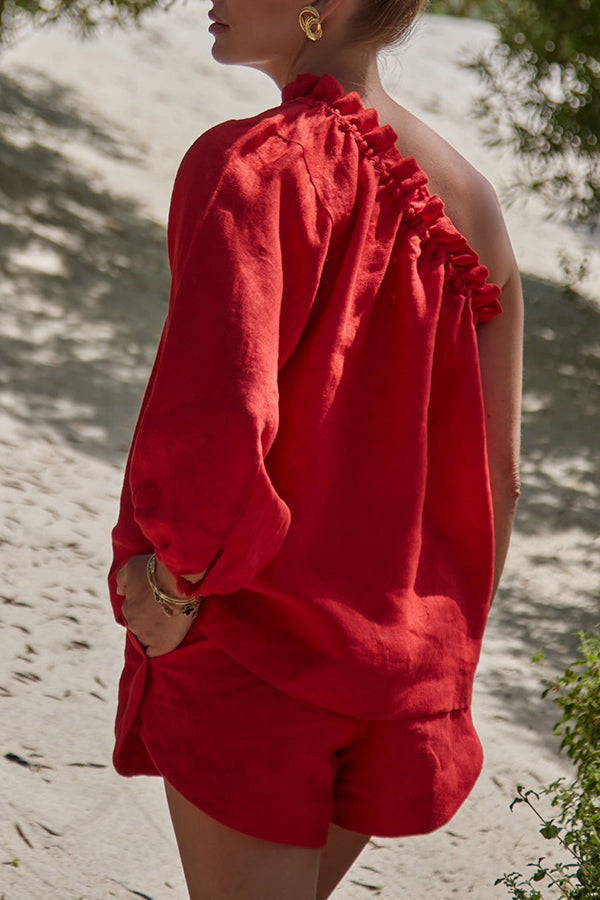 Chasing Comfort Linen Blend One Shoulder Top and Elastic Waist Pocket Shorts Set
