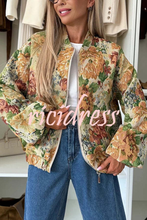Floral Print Loose Long-sleeved Zip-up Jacket