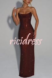 Mirabella Sequin Pleated Cowl Scooped Neckline Back Lace-up Strapless Maxi Dress